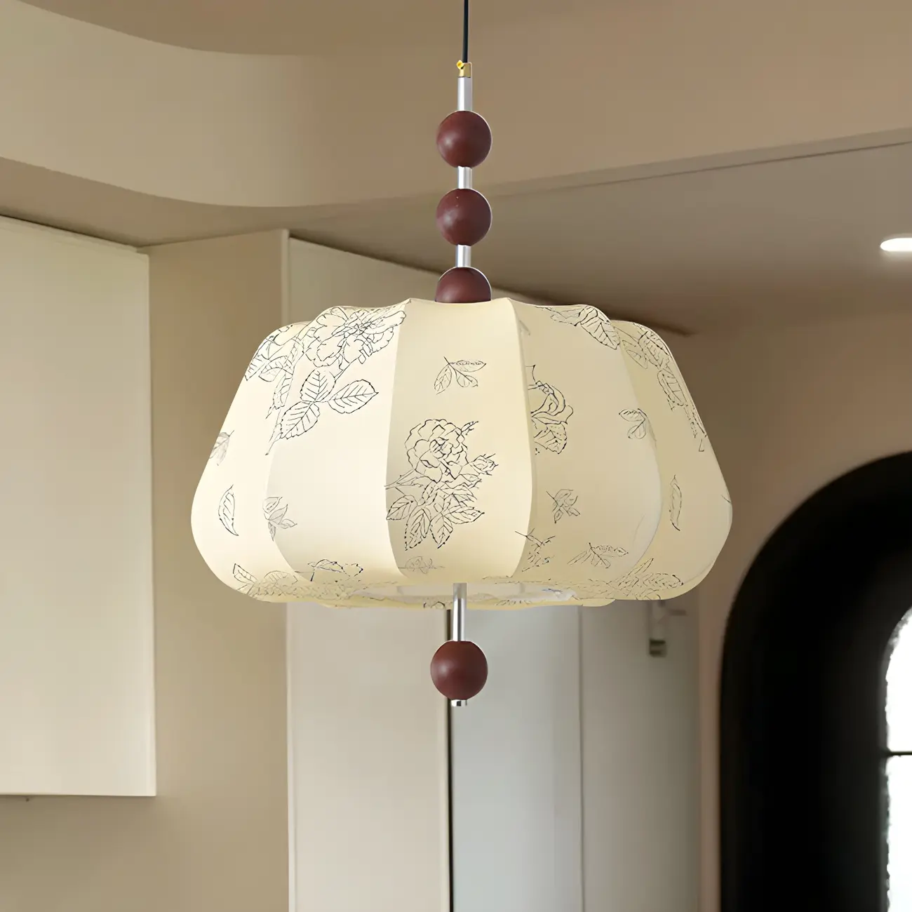 Elegant Flower Pattern Beige Fabric Geometric Chandelier