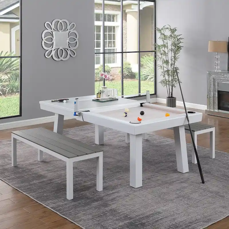 Laguna Indoor/Outdoor 7ft Slate Pool Table Dining Set with 2 Benches & Accessories, White Finish