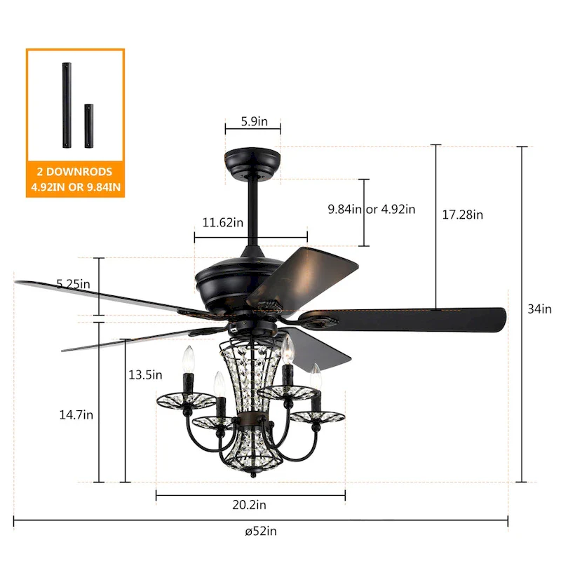 Cusp Barn 52in. Modern Industrial Crystal Ceiling Fan with Lights, Matte Black 3-Speed Reversible Ceiling Fan Light with Remote