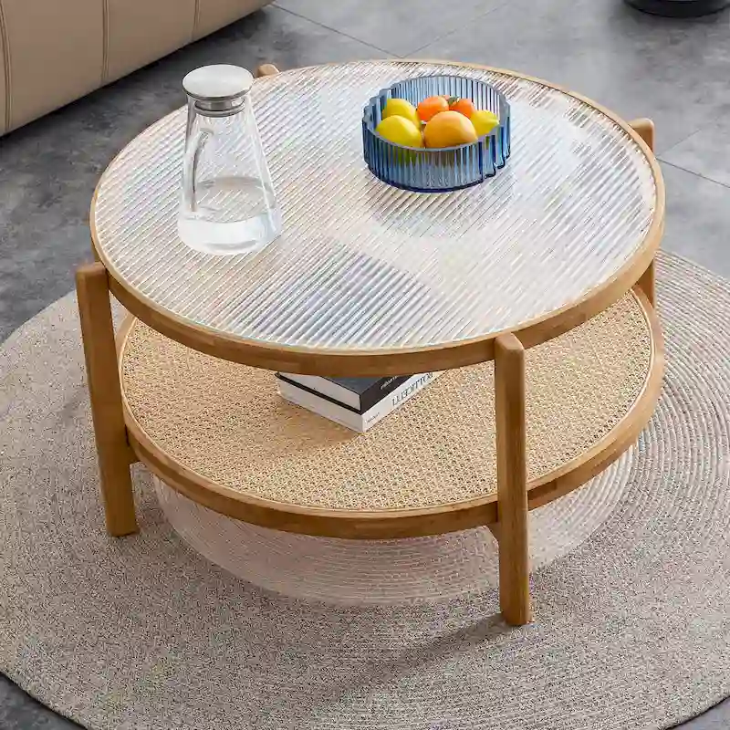 Circular double-layer solid wood tea table