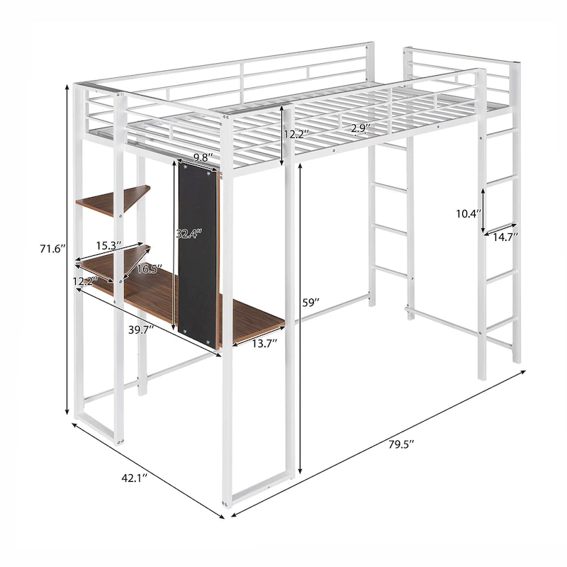 White Twin Size Metal Loft Bed with Ladder, Fence, Shelves, and Desk