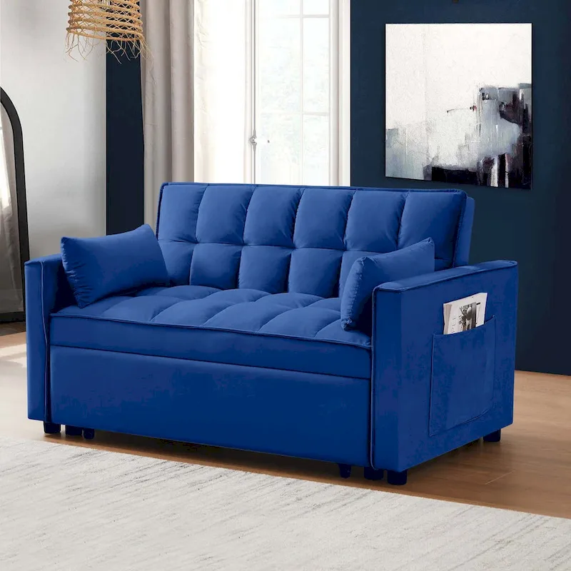 Convertible Sleeper Loveseat, 3-Position Backrest, Velvet, Foam, Side Pockets, USB, Seats 2/Twin Bed, Blue/Black/Grey