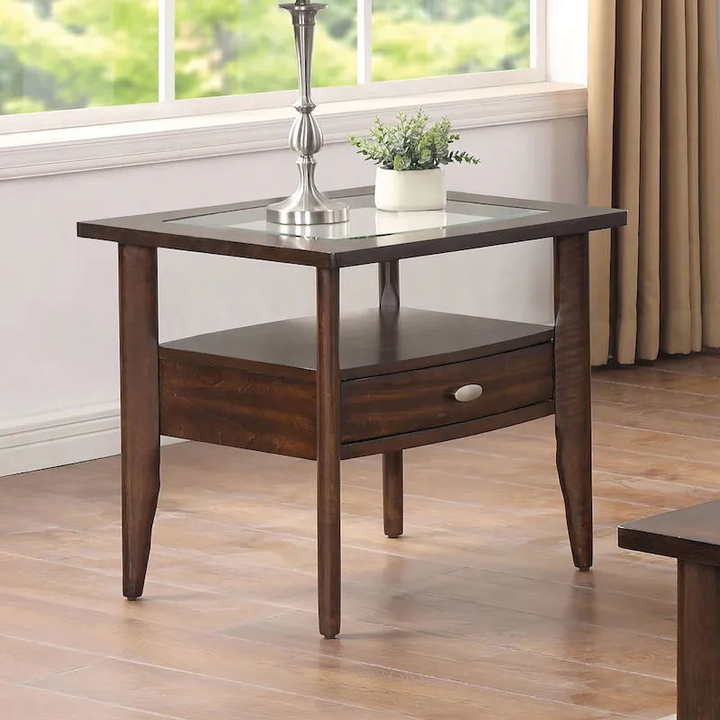 Genoas Traditional Walnut Glass 2-Piece Coffee Table Set with Drawer by Furniture of America