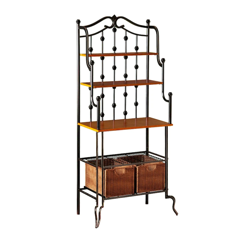 SEI Furniture Docherty Black Baker's Rack with Rattan Baskets
