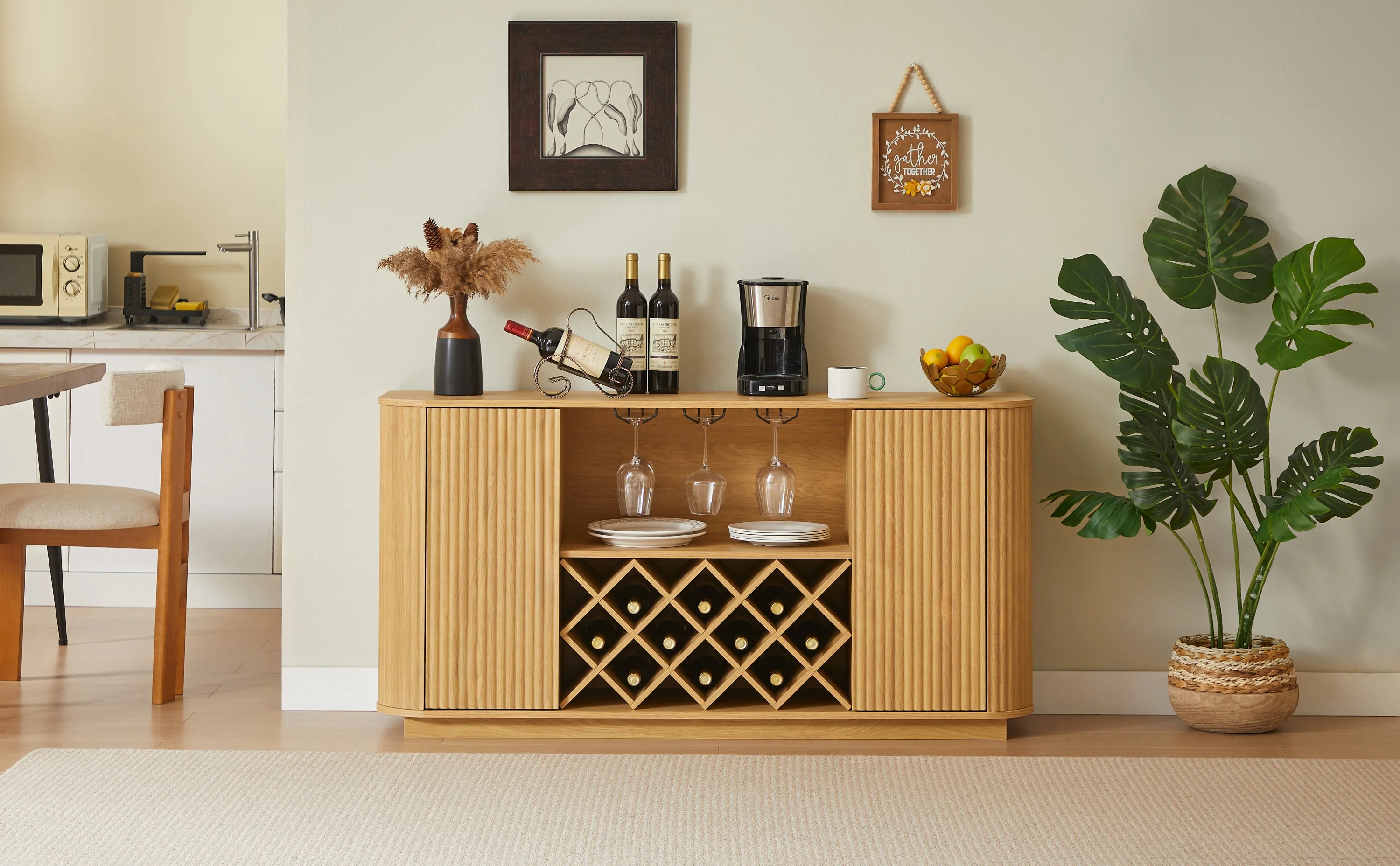 Modern Fluted Curve 58' Wine Rack Bar Cabinet / Sideboard