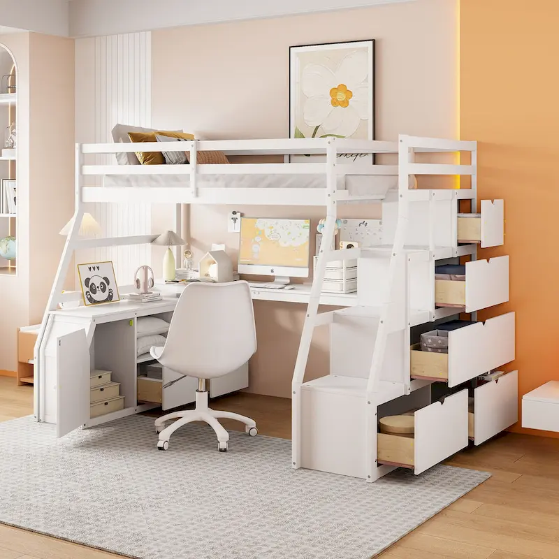 White Full Size Wood Loft Bed with Drawers, Shelves, Ladder, and Desk
