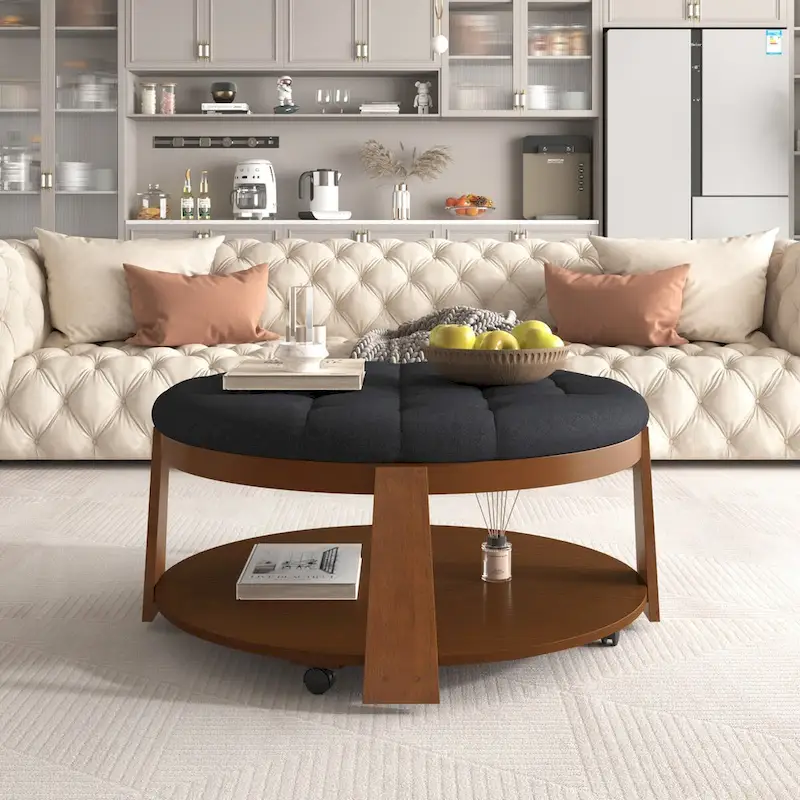 Modern Large Round Ottoman Coffee Table 2-Tier Oversized Button Tufted Ottoman with Wood Shelf Storage Upholstered Coffee Table