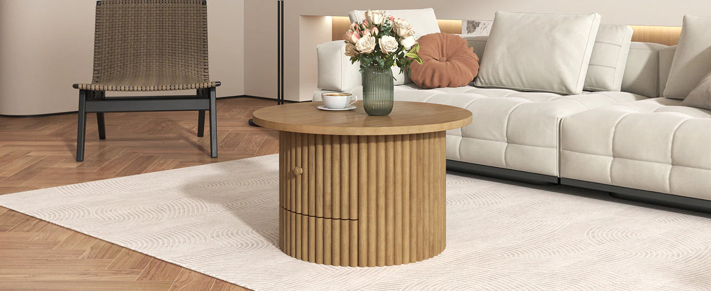 Walker Edison | Reeded Round Coffee Table with a Drawer