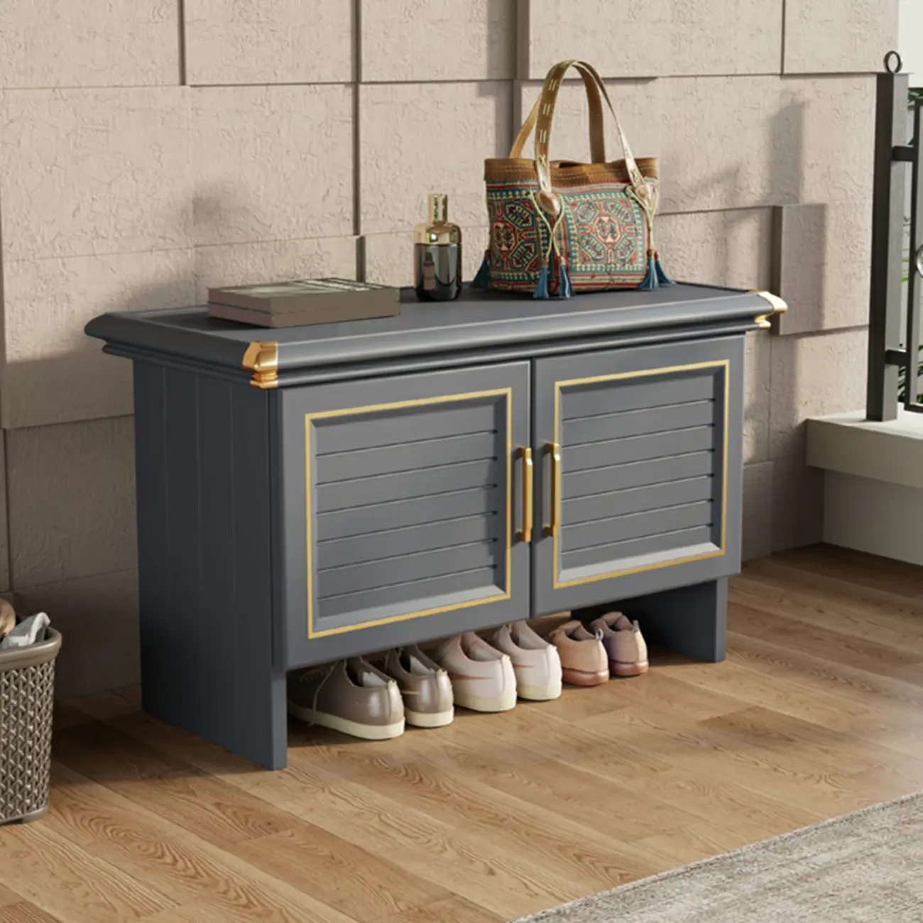 Rustic Grey Metal Shoe Storage Bench for Entryway