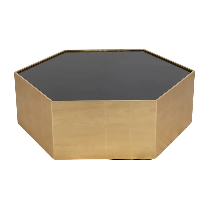 Glam Modern Wood Gold Hexagon Glass Top Coffee Table - 48 x 42 x 16