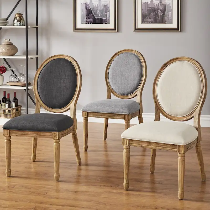Round Linen and Wood Dining Chairs Set of 2, Artisan Style Upholstered Side Chairs