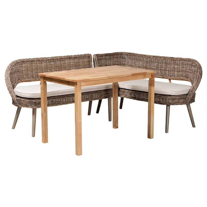 Raisa Modern Bohemian Natural Kubu Rattan Bench and Wood Table Dining Nook Set