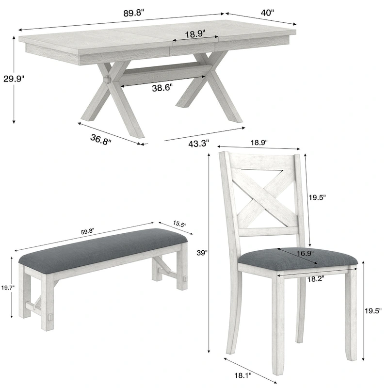 VECELO Dining Table Set with Bench, Solid Wood Rectangular Extendable Dining Table & 4 Solid Wood Dining Chairs