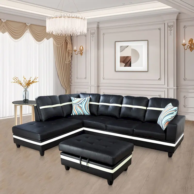 L-Shape Semi PU Leather Living Room Sofa Set with Ottoman,3-Piece