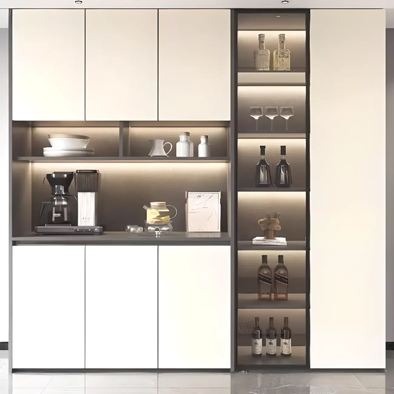 White Rectangular Multi-Shelves Glass Wood Wine Cabinet