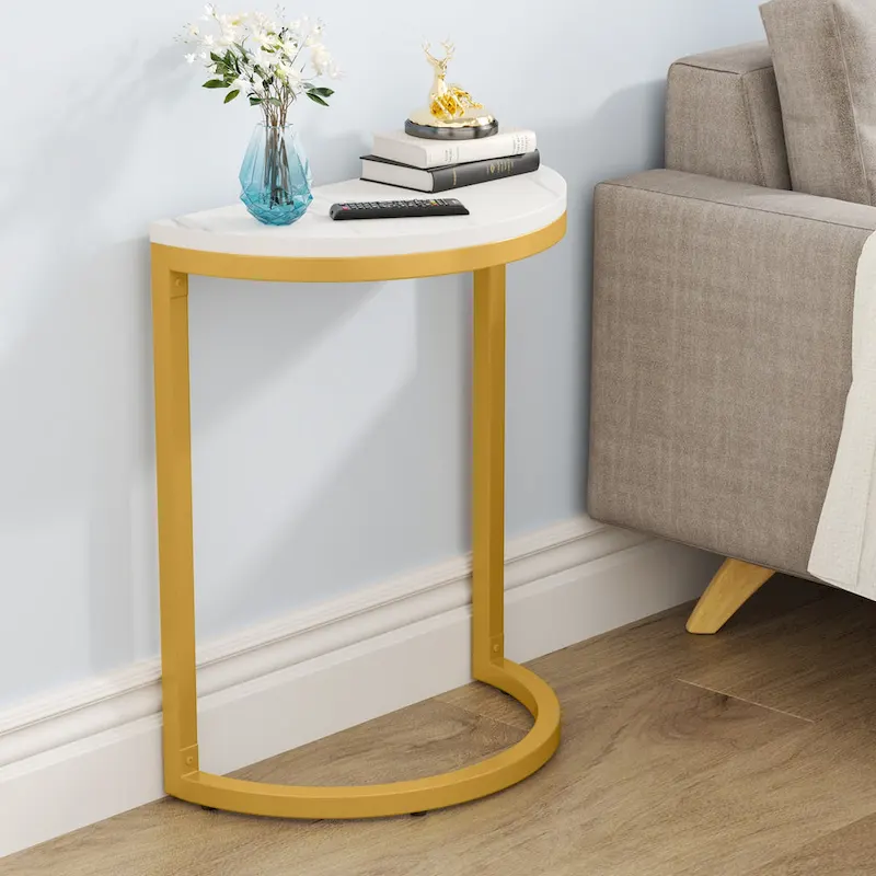 Half Round End Table, Narrow Side Table Slim C Table with Metal Frame