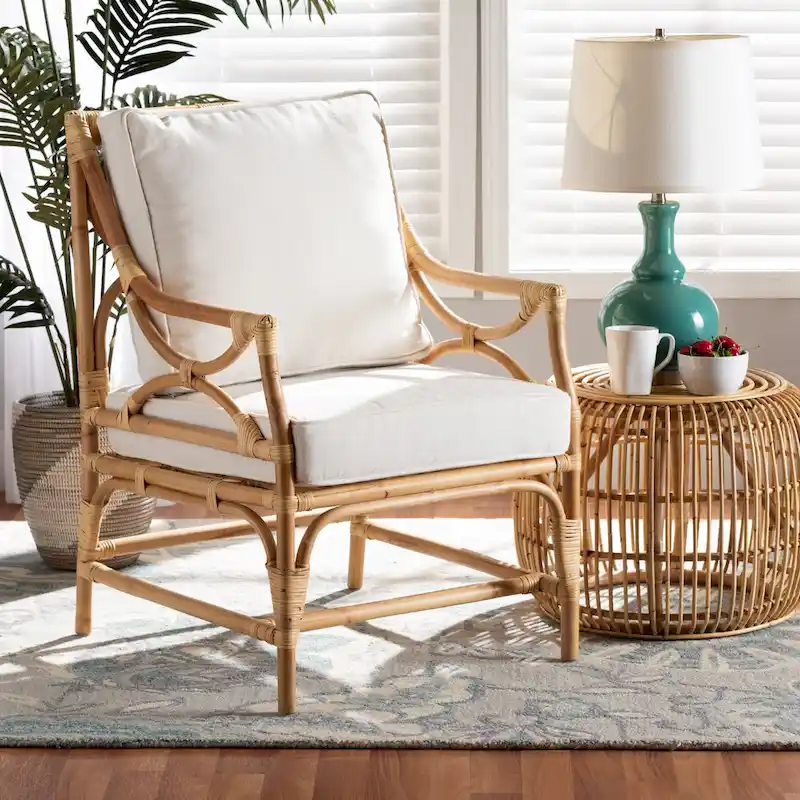 Brandon Bohemian styled Upholstered Rattan Armchair-White/Natural