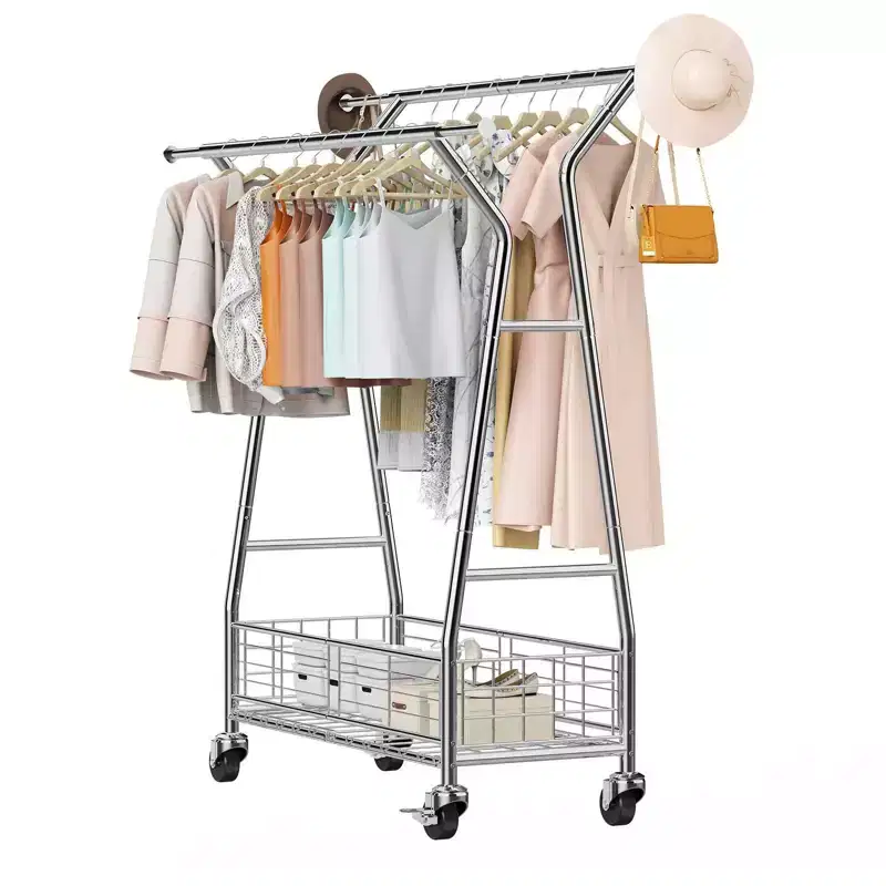 Heavy Duty Rolling Clothes Rack-Carbon Steel, 2 Hanging Rods, Storage Basket, 330LBS Load, Extendable
