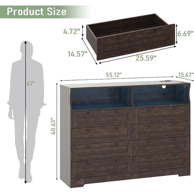 Modern Wood Dresser with 8 Drawers, Bedroom Dresser with Charging Station & LED Lights