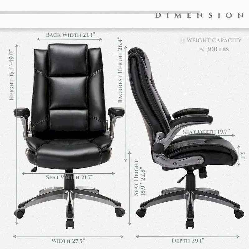 Leather Executive Office Chair- High Back Home Computer Desk Chair with Padded Flip-up Arms, Adjustable Tilt Lock