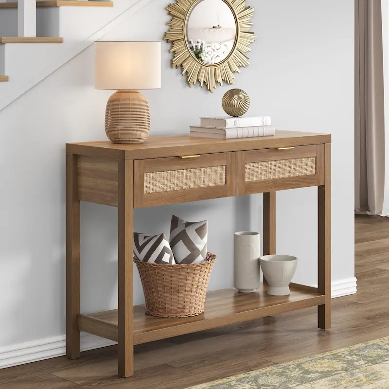 SICOTAS Rattan Console Table with 2 Drawers and Shelves - 30 x 39.4 x 13.8