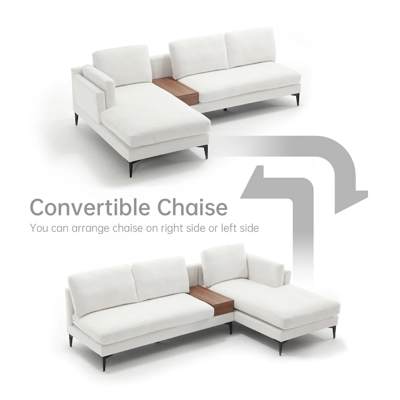 Modular U-shaped Linen Reversible Sofa with a Wooden Side Table Box and Reversible Design