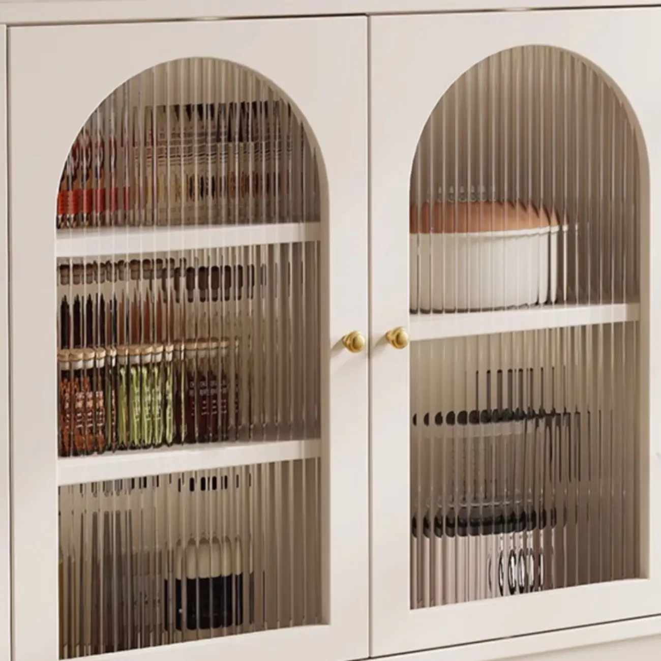 Elegant Adjustable Arched Glass Wood Buffet Cabinet with 3 Drawers