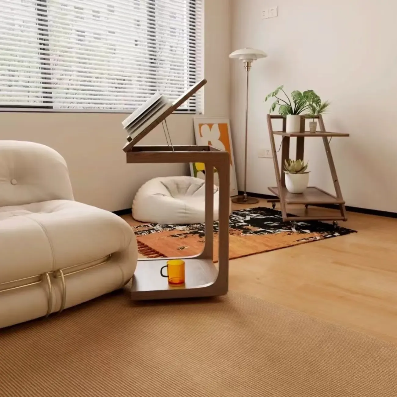 Scandinavian Wooden Flip-Top C-Shaped Side Table with Wheels