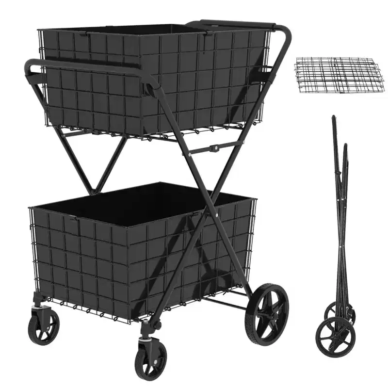 GDFStudio Salta 2-Tier Foldable Shopping Cart with Removable Baskets and 360 Swivel Wheels
