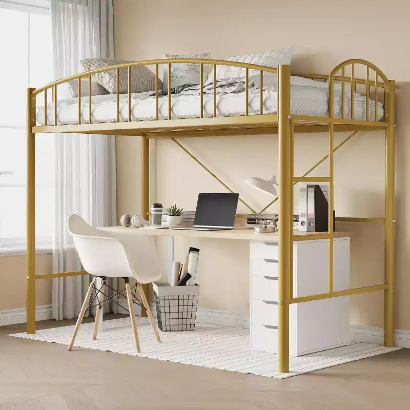 Acekool Twin Loft Bed with Stairs, Arched Guardrail, Metal Frame, Space-Saving, Noise-Free, Gold