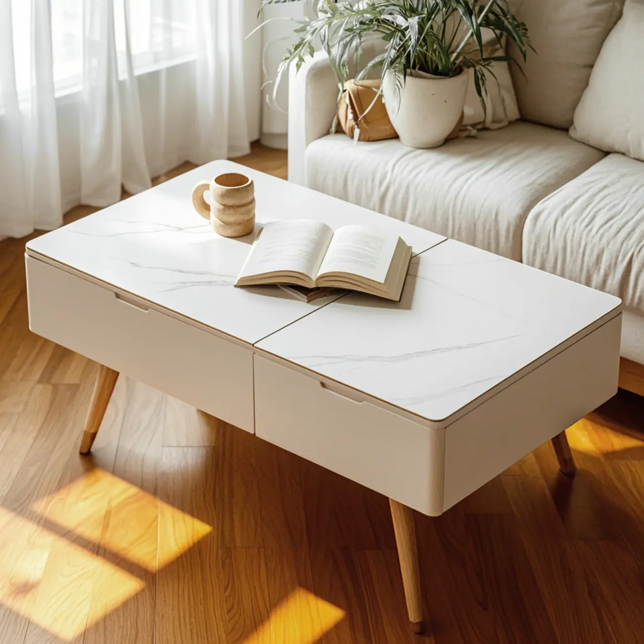 4-Legs Modern Wood White Lift-top Coffee Table with Storage