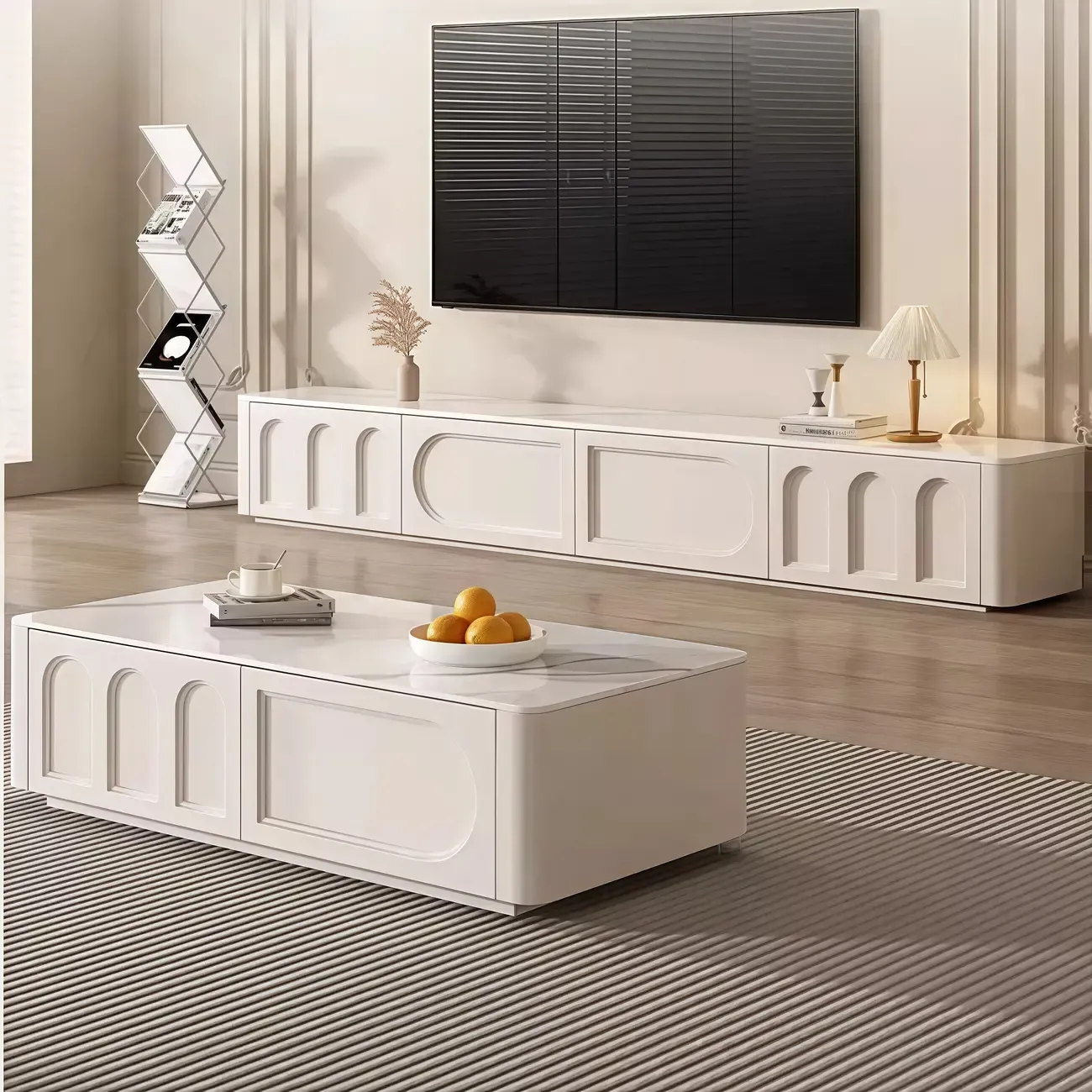 White Modern Long Wooden TV Stand with Drawers