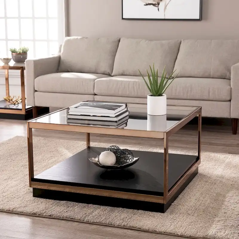 SEI Furniture Luna Transitional Square Metallic Coffee Table with Glass Top and Wood Base Shelf