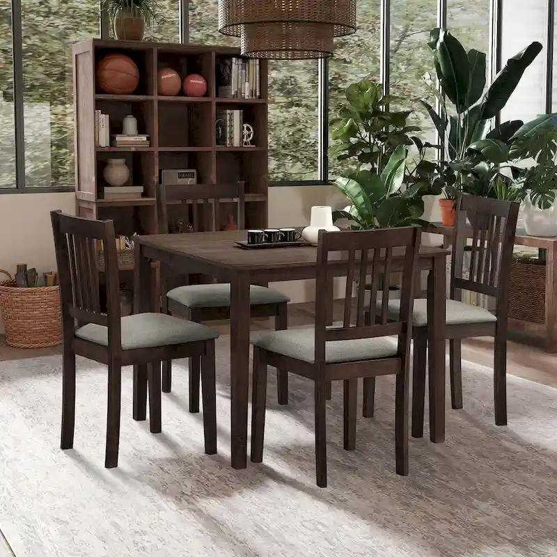 Kitchen Breakfast Nook Dining Table Chairs Set Square Wooden Dining Table Casual Dining Table with 4 Upholstered Dining Chairs