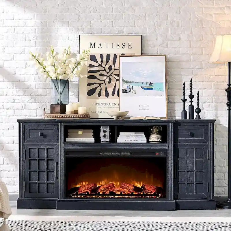 Black/Brown/White Farmhouse Electric Fireplace TV Stand, Fits 80
