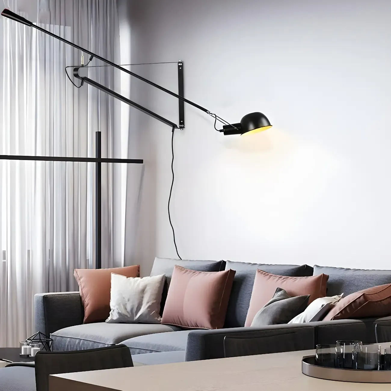 Geometric Metal Black Adjustable Swing Arm Wall Light