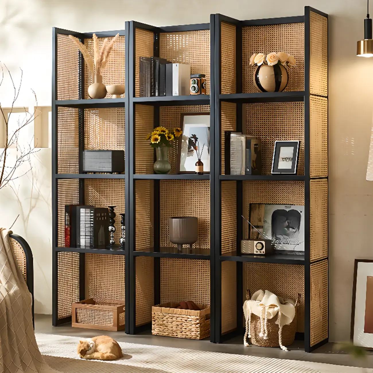 71 3-Tier Modern Wooden Mesh Bookcase with Storage