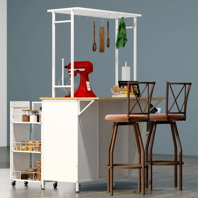 Kitchen Island with Folding Flip-Up Panel, Cabinet Shelves and Drawers, Hooks