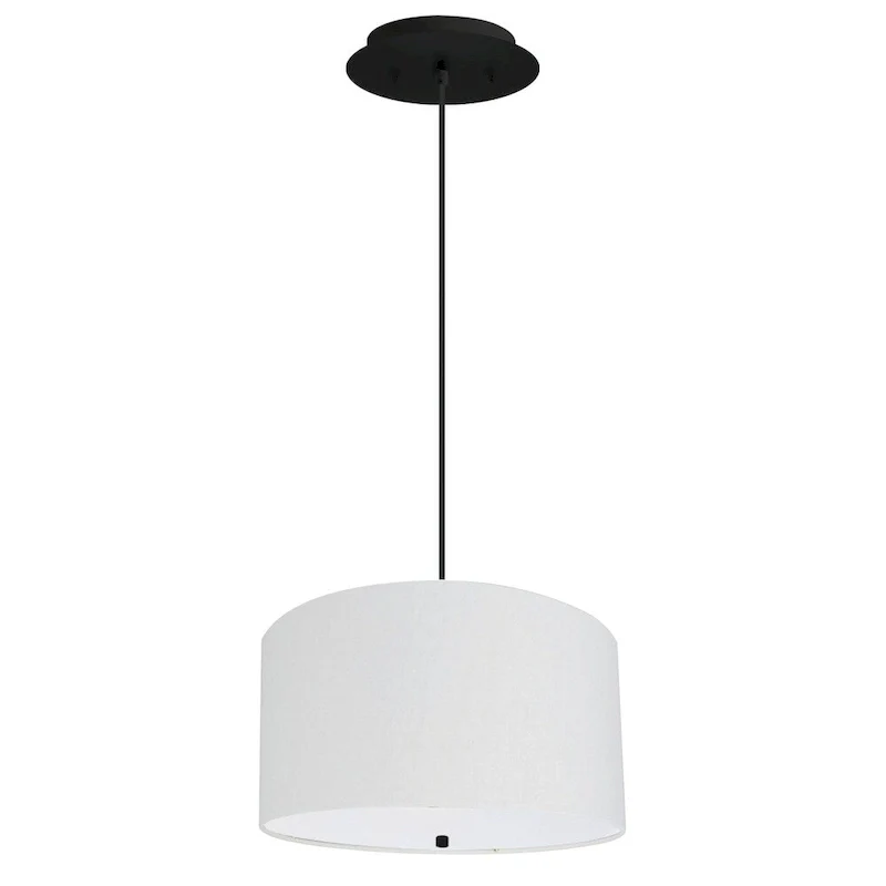 16  W 2 Light Pendant White Linen Drum Shade with Diffuser, Black Cord
