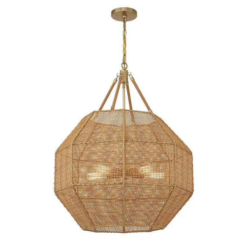 Selby 5-Light Pendant in Burnished Brass and Rattan