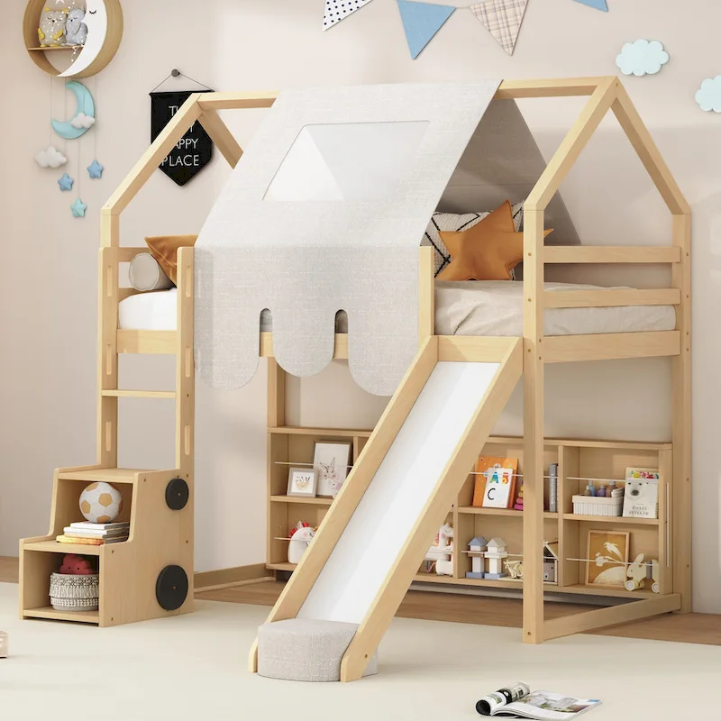 House-shaped Wooden Loft Bed with Tent, Slide, Ladder and Shelves