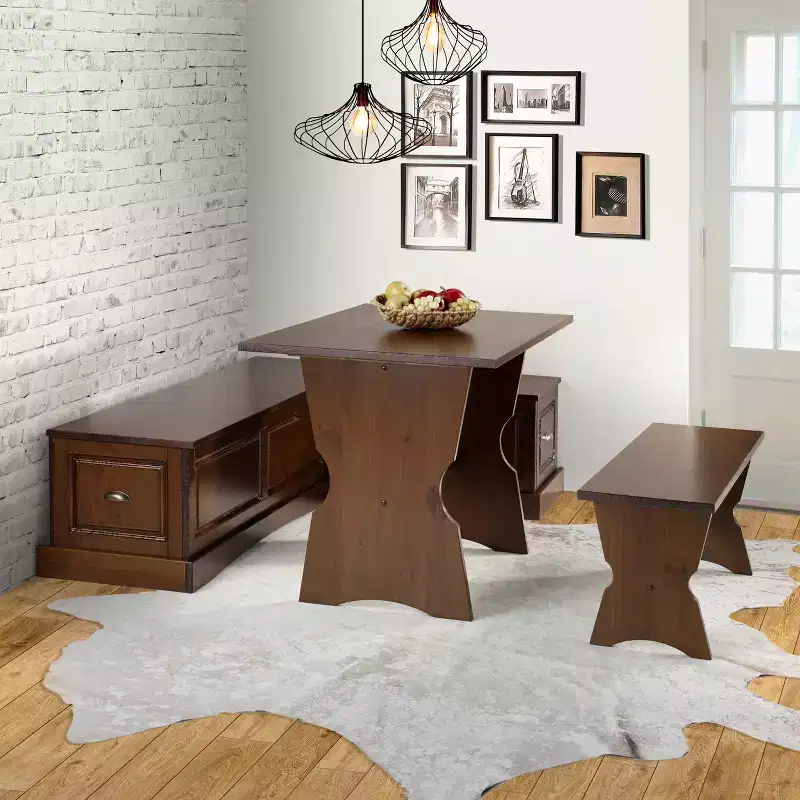 3pc Colby L Shaped Bench and Backless Nook Dining Set Brown - Linon: Wood Frame, 5-Seater, Trestle Base