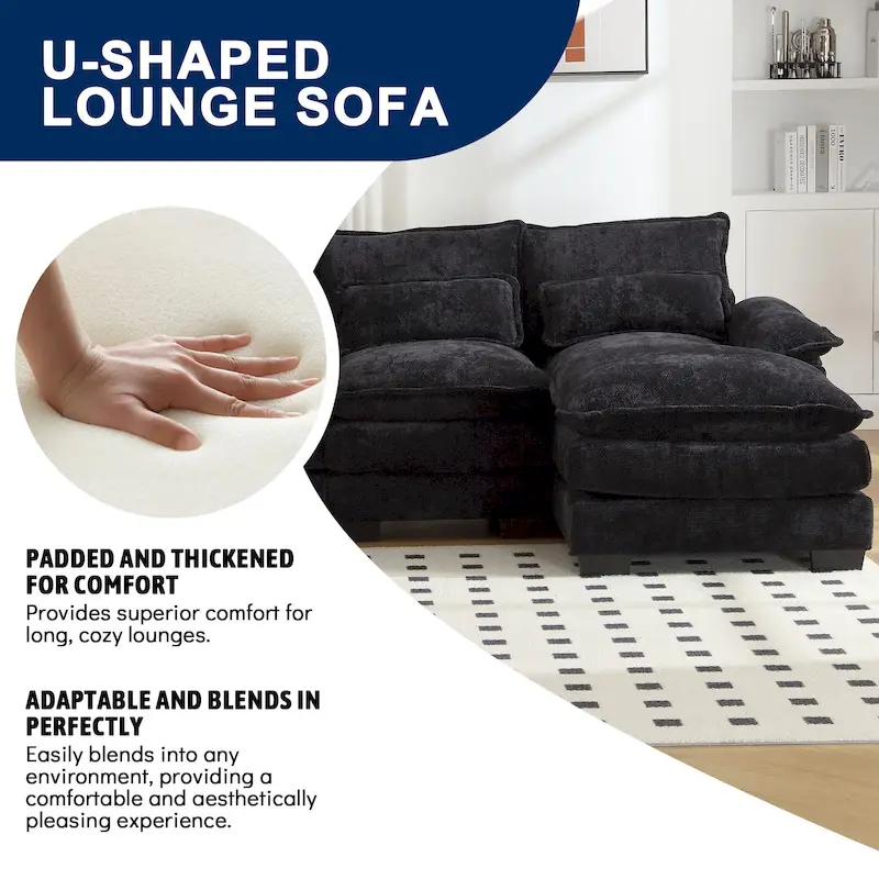 Chenille Upholstered U-Shaped Living Room Sectional Sofa With Wooden Legs