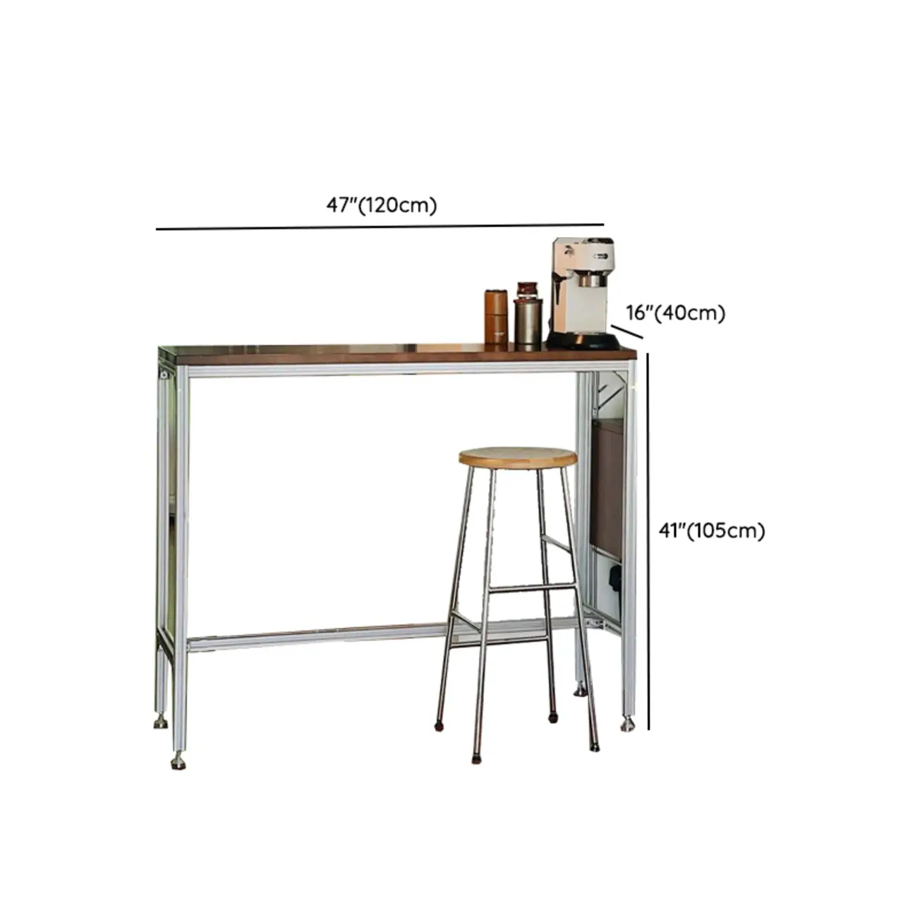 Modern Brown Wood Silver Metal Trestle Bar Tables