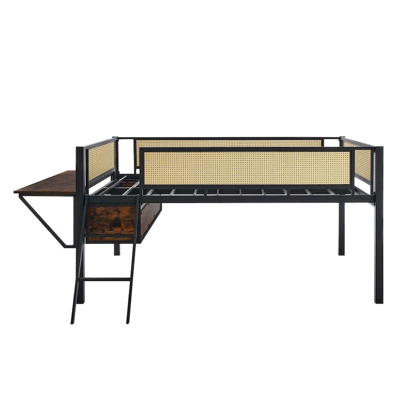 Metal Double Bed Loft Bed with Rectangular Desk, LED Lights