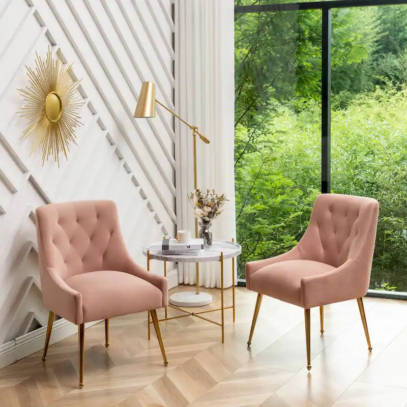 SEYNAR Modern Boucle Velvet Upholstered Accent Dining Chair Set of 2 Tufted Back Armless Chair with Golden Legs