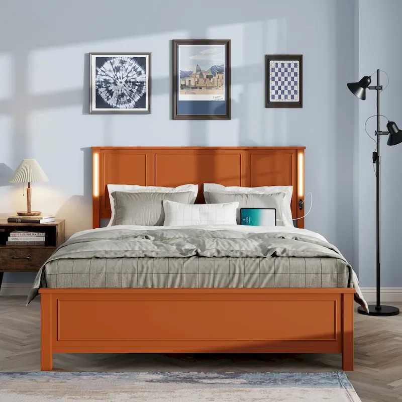 Queen Size LED Platform Bed with Wood Headboard and Charging Station