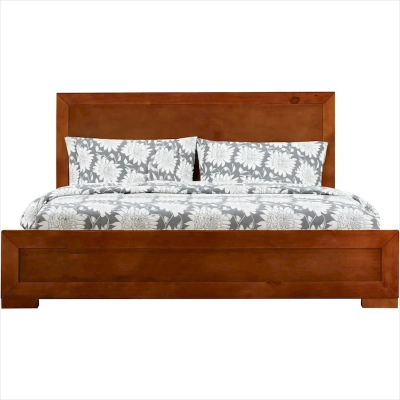 HomeRoots Brown Inlaid Panels Solid Wood Queen Bed Frame