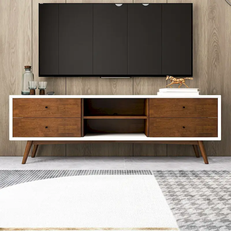 Novel Mid Century White Tv Stand With Solid Wood Frame TV Stand with 6 Storage Cabinet , Modern Walnut TV Console