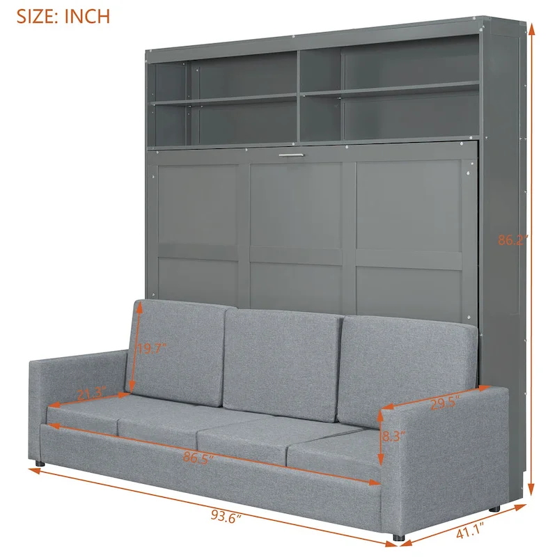 Queen Convertible Murphy Bed with Sofa, 2-in-1 Design, Storage & Dual-Piston Mechanism